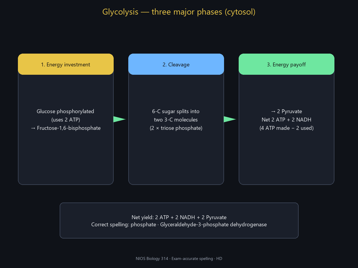 Spell-checked HD glycolysis phases (phosphate spelled correctly).